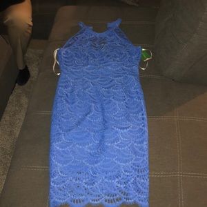Blue Scalloped Fan Lace Shift Dress